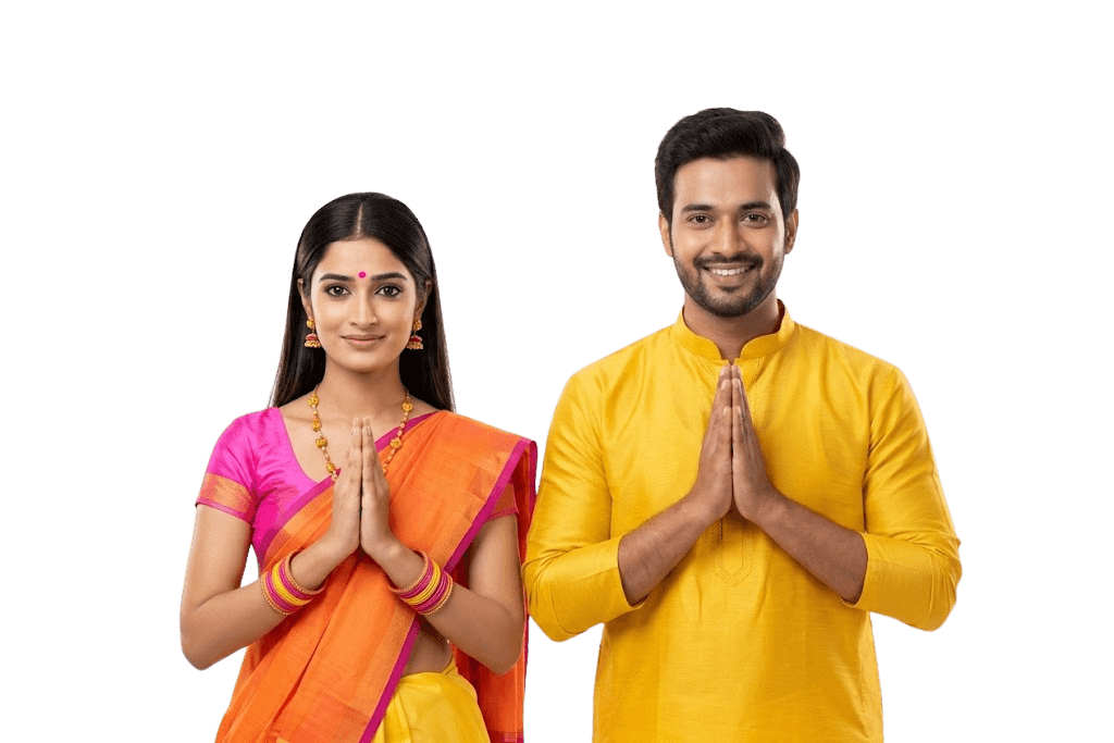 लग्नाची जोडी — a Marathi couple offering namaste